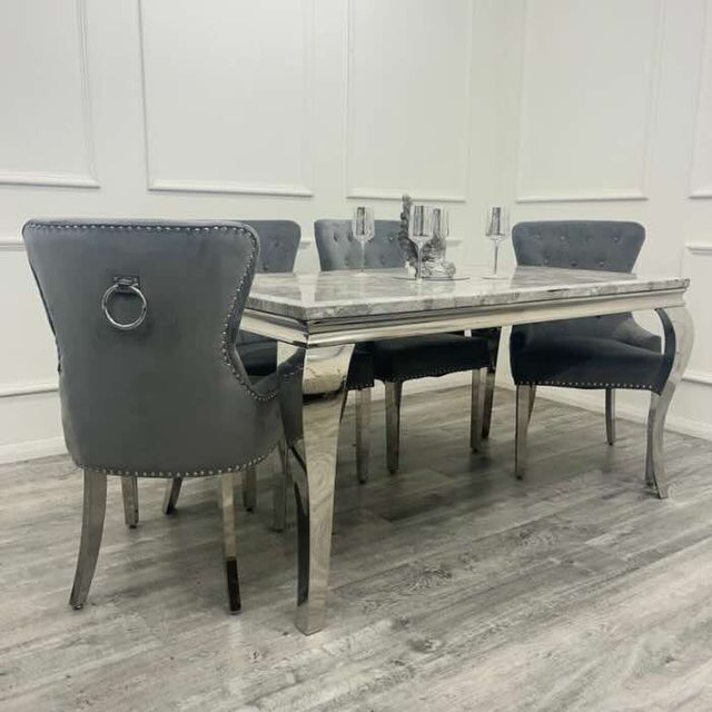    modern-grey-marble-dining-table-and-velvet-knocker-back-dining-chair-chrome-base-6-8-seater-kitchen-table-set