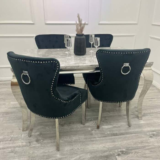    modern-grey-marble-dining-table-and-velvet-knocker-back-dining-chair-chrome-base-6-8-seater-kitchen-table-set