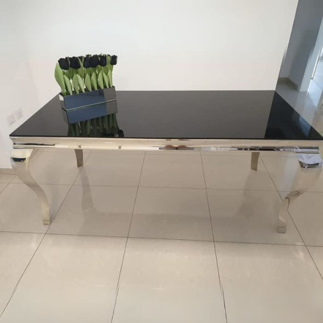 Classic-4-8-Seater-black-glass-dining-table-rectangular-tempered-glass-top-stainless-steel-curved-legs