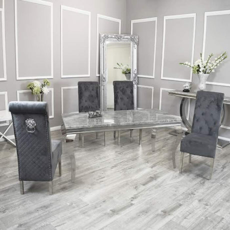 modern-rectangular-grey-marble-dining-table-and-high-back-velvet-dining-chairs-with-lion-knocker-modern-dining-table-set-for-6-to-8