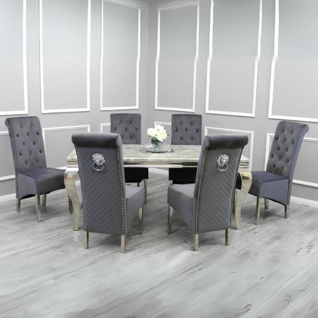 modern-rectangular-grey-marble-dining-table-and-high-back-velvet-dining-chairs-with-lion-knocker-modern-dining-table-set-for-6-to-8