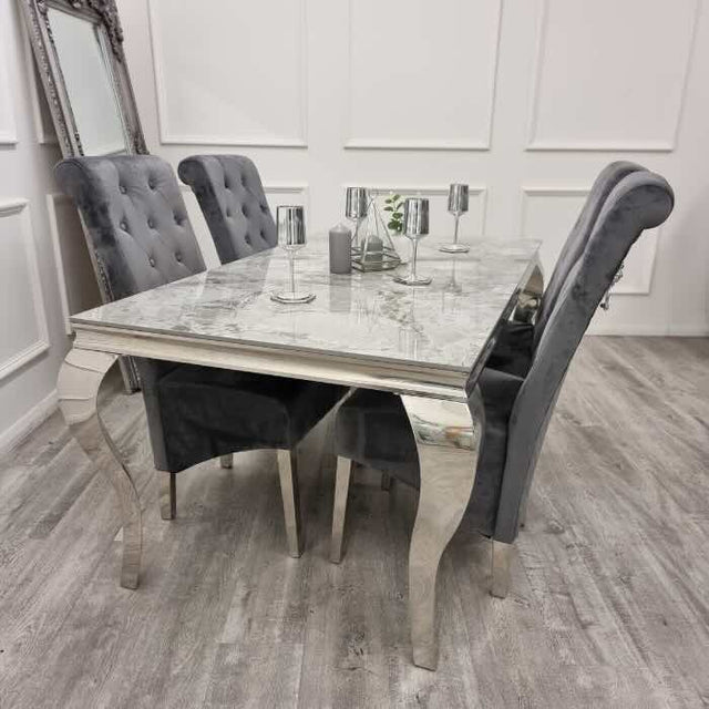 modern-rectangular-grey-marble-dining-table-with-stainless-steel-frame-and-velvet-dining-chairs-with-lion-knocker-dining-table-set-for-6-to-8