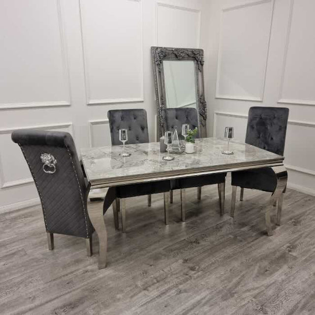 modern-rectangular-grey-marble-dining-table-with-stainless-steel-frame-and-velvet-dining-chairs-with-lion-knocker-dining-table-set-for-6-to-8