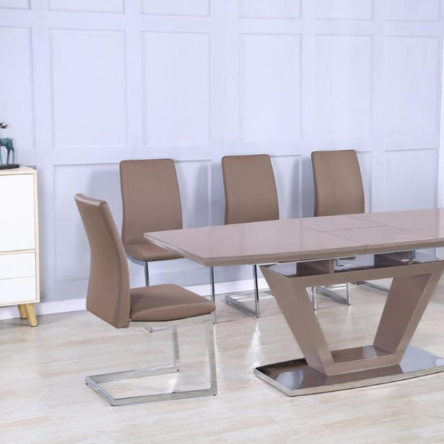 modern-rectangular-high-gloss-extending-dining-table-in-brown-with-stainless-steel-base-160cm