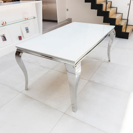 Classic-4-8-Seater-white-glass-dining-table-rectangular-tempered-glass-top-stainless-steel-curved-legs