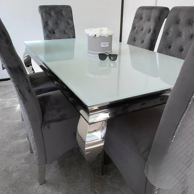 Classic-4-8-Seater-white-glass-dining-table-rectangular-tempered-glass-top-stainless-steel-curved-legs