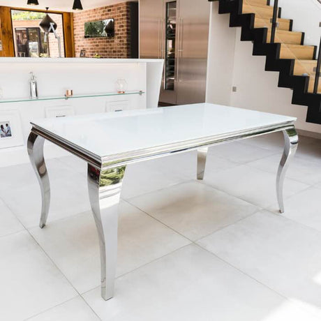 Classic-4-8-Seater-white-glass-dining-table-rectangular-tempered-glass-top-stainless-steel-curved-legs