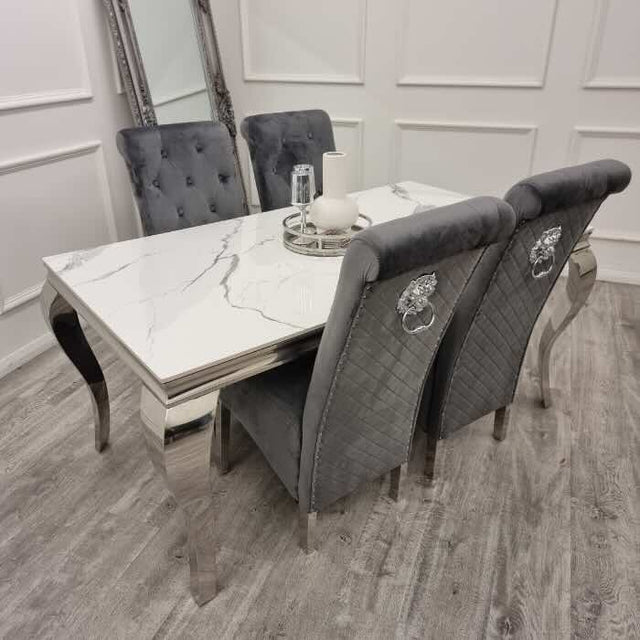 modern-white-marble-dining-table-with-stainless-steel-frame-and-high-back-velvet-dining-chairs-with-lion-knocker-6-8-seater-kitchen-table-set