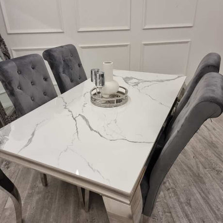 modern-white-marble-dining-table-with-stainless-steel-frame-and-high-back-velvet-dining-chairs-with-lion-knocker-6-8-seater-kitchen-table-set