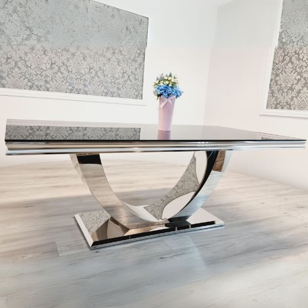 Chislehurst Modern Rectangular Tempered Glass Dining Table For 6-8 With Chrome Pedestal Base