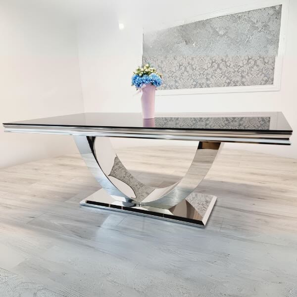 Chislehurst Modern Rectangular Tempered Glass Dining Table For 6-8 With Chrome Pedestal Base