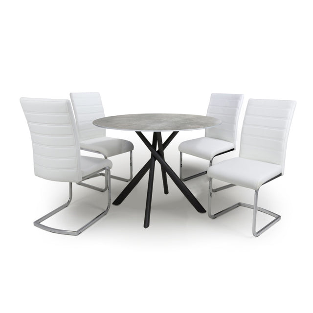 100cm-Grey-Industrial-Grey-Stone-Round-Dining-Set-Black-Crossover-Base-4-Seater