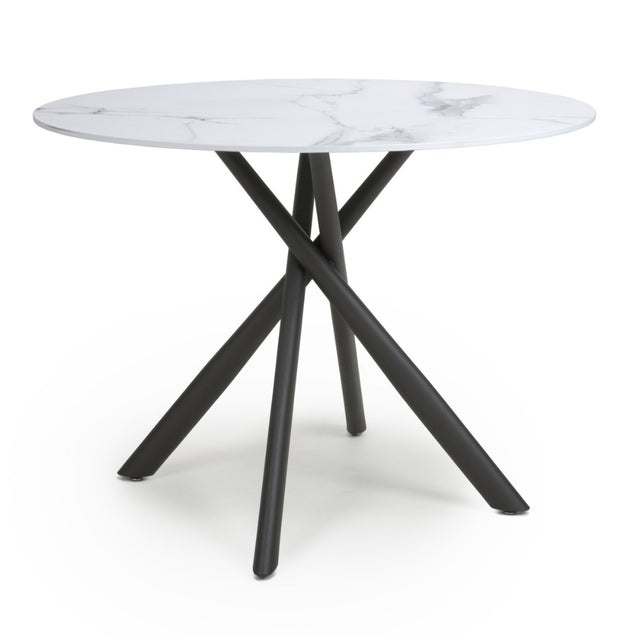 100cm-White-Industrial-White-Marble-Round-Dining-Set-Black-Crossover-Base-4-Seater