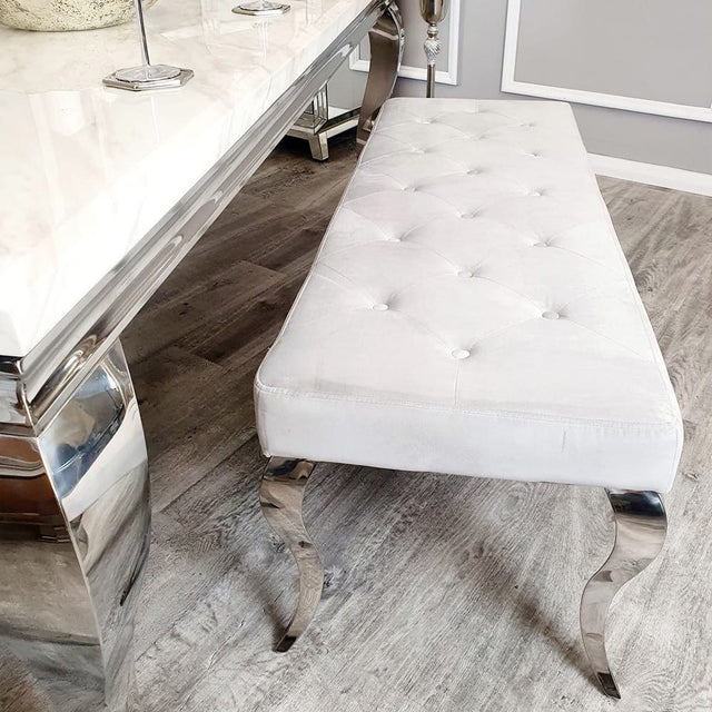 Classic Soft Light Grey Velvet Dining Bench 3 Seater - Chrome Legs