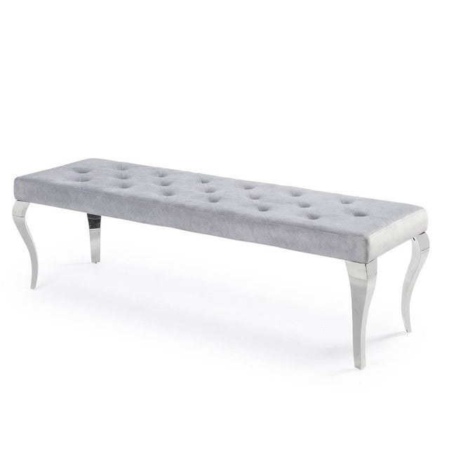 Classic Soft Light Grey Velvet Dining Bench 3 Seater - Chrome Legs