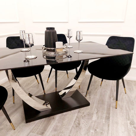 Modern-6-Seater-Black-Rectangular-Stone-Dining-Table-160cm-Chrome-Pedestal-Base